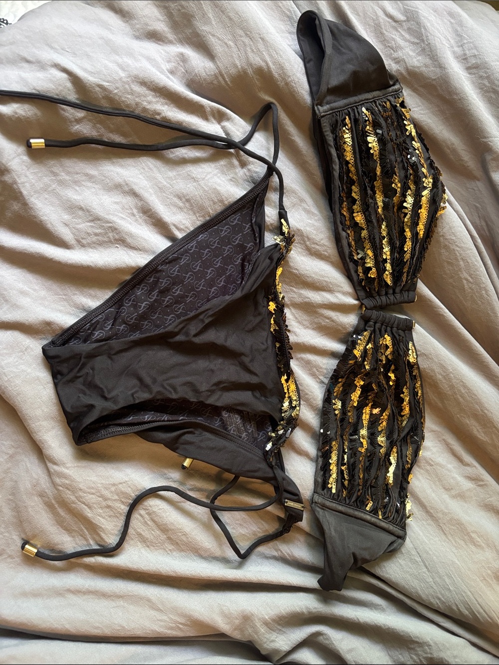Victoria secret Black Bikini Set with Gold Sequin Accents